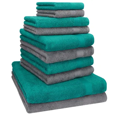 Produktbild von Betz 10-tlg. Handtuch-Set PREMIUM CLASSIC 2 Duschtücher 4 Handtücher 2 Gästetücher 2 Seiftücher  Farbe: smaragdgrün & anthrazitgrau