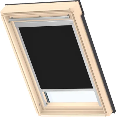 A VELUX Original Verdunkelungsrollo Classic for VELUX roof windows, in black, is shown installed in a wooden framed roof window.