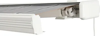 Produktbild von SOLUNA Kassettenmarkise Exquisit 2,5x2 Stoff Dessin A131 Gestell RAL 9010 reinweiß Antrieb rechts inkl. Motor und Wandsc