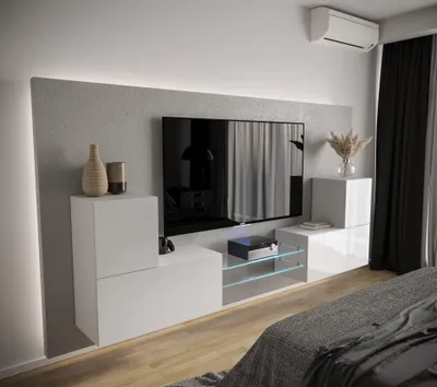 Produktbild von Furnitech Wohnwand Wohnzimmer - Hängend Wohnwand Modern - Regale und TV Schrank - Wohnzimmer Möbel ohne LED (AN96-21W-HG2 1B)