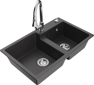 Produktbild von Mexen Tomas 2-Becken-Granitspüle mit Mischbatterie Elia, Schwarz gesprenkelt - 6516-76-670101-00