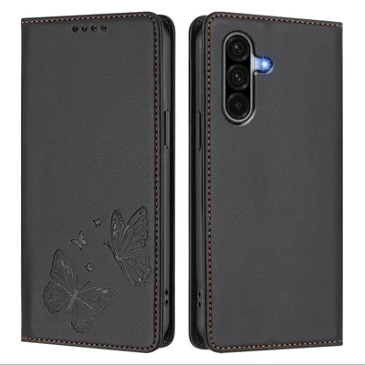Produktbild von Lederhülle für Samsung Galaxy A17 5G/4G, Schmetterling Prägung Leder Brieftasche Schutzhülle mit Ständer Schwarz