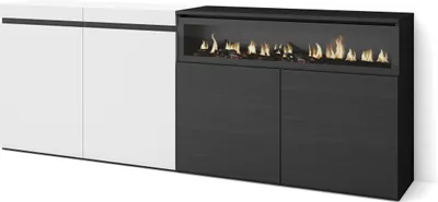 Produktbild von Sideboard, Highboard, 200x35x75cm, 4 Türen, Elektrokamin. Weiß und Schwarz