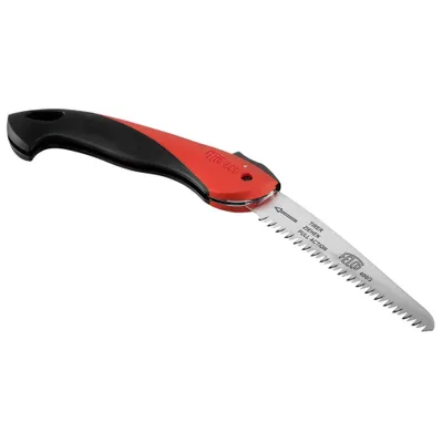 A folding saw with a red and black handle and a silver blade, shown against a white background.