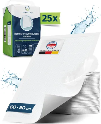 A package of disposable underpads is shown, with one pad unfurled to reveal its texture and branding.
