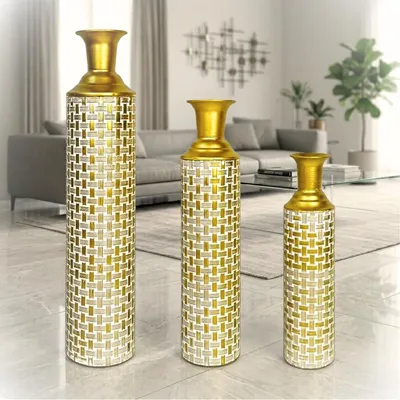Produktbild von Bodenvase Vasen Standvase - Dreiersatz aus Metall - Goldweiß - 65, 53 und 41 cm - Für Pampasgras und Trockenblumen