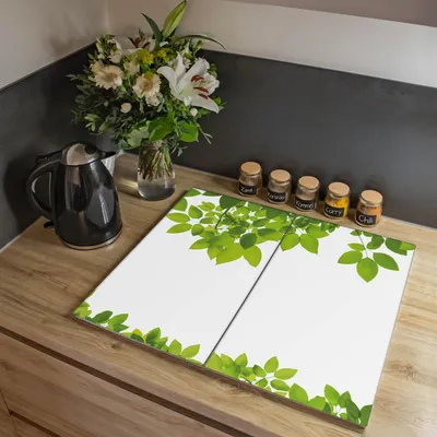 Zdjęcie produktu dla Dwuczęściowa płyta pokrywająca kuchenkę Banjado, każda o wymiarach 30 x 52 cm, z gumowymi podkładkami dystansowymi, szkło bezpieczne ESG z ramką z motywem liści [HAP2 10343]