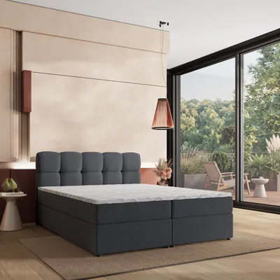 Produktbild von Masseno Boxspringbett MERU 180x200 cm Komplett-Set mit Bonell Matratze und Topper, Polsterbett mit Bettkästen -Grau, SORO 97