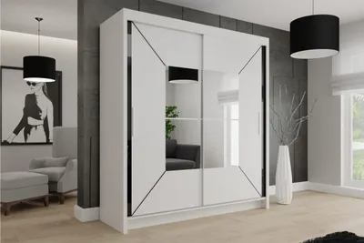 Produktbild von Krudox NIC Weiß Schiebetürenschrank Kleiderschrank 120x216x62 cm mit Spiegel - Schlafzimmermöbel – Mehrzweckschrank mit 2 Kleiderstangen