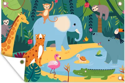 Produktbild von MuchoWow® 120x80 cm Outdoor-Poster Gartendeko Sichtschutz Garten Poster für den Garten  Dschungel - Design - Tiere - Kind