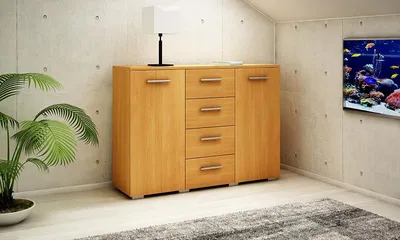 A wooden sideboard with drawers and doors is placed in a room with a concrete wall, a plant, and a rug.