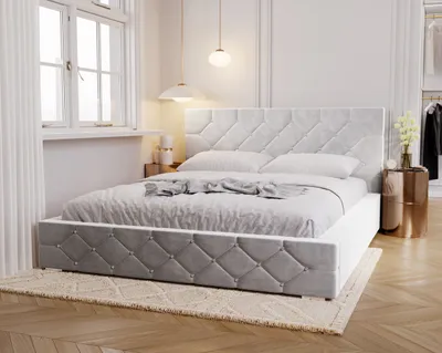 Obrázek produktu pro Čalouněná postel 160x200 cm Solar – manželská postel s roštem – krystaly, sametová látka, úložný prostor – ložnicová postel světle šedá