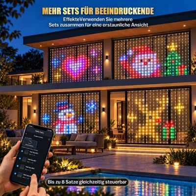 Image de Guirlande lumineuse décorative de 3x3 mètres, avec 400 LED, effet dynamique, 100+ modes, éclairage RGB. Contrôle via application ou télécommande, synchronisation musicale, minuterie. Idéale pour décorer lors de fêtes de Noël et autres événements