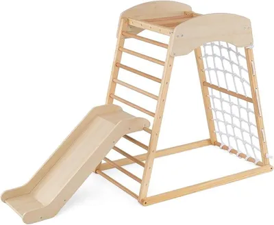 Imagen del producto de Estructura de juego interior 6 en 1, con triángulo de escalada, tobogán, barra de dominadas, escalera de escalada, red de escalada y túnel. Parque infantil de madera para bebés a partir de 1 año (color madera)