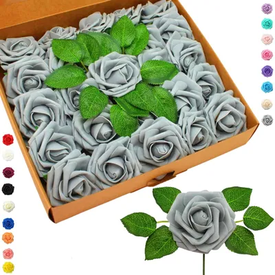 Produktbild von Künstliche Schaumrosen mit Stielen - Realistische Blumen für Dekoration und Arrangements - Grau - 25 Stück