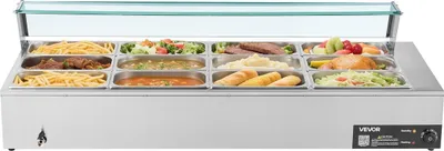 Produktbild von Gewerblicher Speisenwärmer, 1700 W elektrischer Edelstahl-Dampfspeisenwärmer mit Glasabdeckung, 12-fach-Thekenbuffet-Bain-Marie mit Suppenkellen und perforierten Schöpflöffeln, für Catering, Restaurants und Partys