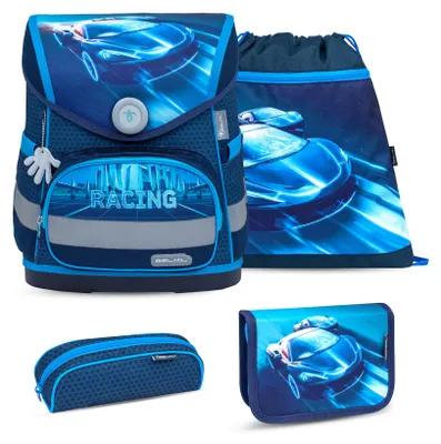 Zdjęcie produktu dla Belmil Kompaktowy ergonomiczny zestaw saszetek 4-częściowy "Racing Blue Neon" z paskiem na klatkę piersiową, zapięcie magnetyczne