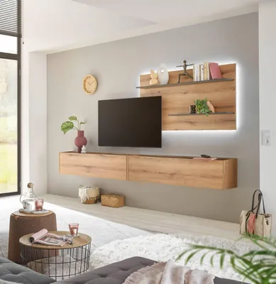Produktbild von Wohnwand Eiche 300 cm 3-teilig Nr 11 mit Beleuchtung Boston