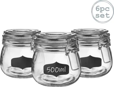 Produktbild von Vorratsgläser aus Glas mit Etiketten – 500 ml – transparenter Verschluss – 6 Stück