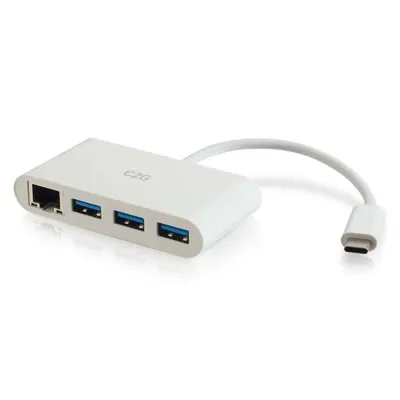 Produktbild von C2G USB C Ethernet and 3 Port USB Hub White - Hub - 3 Ports - Netzwerkadapter - USB-C - Gigabit Ethernet x 1 + USB 3.0 x 3 - weiß