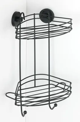 Image de WENKO Etagère de douche Etagère d'angle de douche avec crochets Panier Salle de bain Noir sans percer