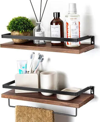 Produktbild von Wandregal holz Badezimmer, Badezimmerregale mit Handtuchstange, wandmontierte Lagerregale für Küche, 2er Set,42*14.8*7.5cm,braun