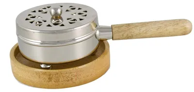 Räucherpfanne Messing vernickelt mit Holzuntersetzer, 17 cm