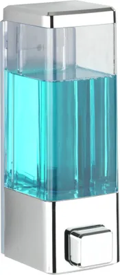 A clear, front-facing product shot of a wall-mounted soap dispenser filled with blue liquid.
