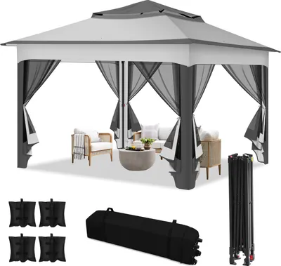 Produktbild von Aopunly Pavillon Pop-up Faltpavillon 3.3x3.3x2.7M Sonnenschirm Pavillon mit Moskitonetz inkl Tragetasche inkl Pavillon Sandsäcke UV-Schutz Doppeltes Dach mit Belüftungsloch grau