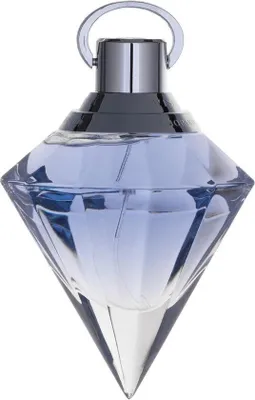 A diamond-shaped perfume bottle with blue liquid inside, set against a white background.