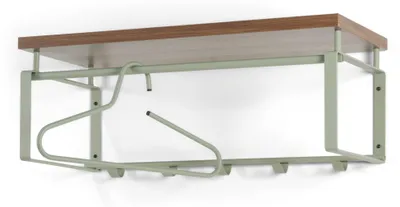 Wandgarderobe REX 3 Dusty Green mit grünem Metallgestell, Holzablage und fünf Haken in Gesamtansicht.