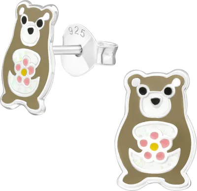 Produktbild von Kinder Ohrringe Ohrstecker 925 Sterling Silber Bär mit Blume