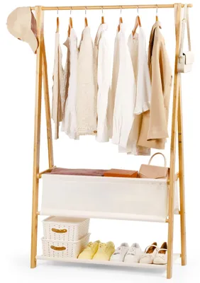 Image de Porte-vêtements en bambou avec sac de rangement et étagère