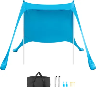 Produktbild von SucceBuy Strandzelt mit Sonnenschutz (UPF 50+) 2,3 x 2,3 x 2 m Grundfläche, Zelt mit Stützstangen und Sandschaufeln, Tragbares Sonnensegel für Ausflüge, Camping und Angeln in Blau