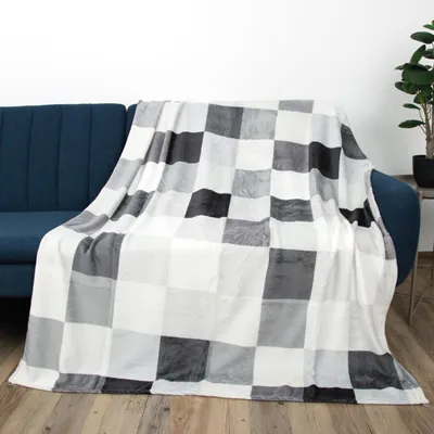 Zdjęcie produktu dla Przytulny koc XXL (130x170cm) - jasnoszara kratka - puszysty koc z mikrofibry - żakardowy, duży miękki koc do przytulania koc flanelowy