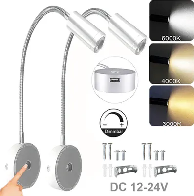 Produktbild von 2 Stück LED Wandleuchte Dimmbar 3 Lichtfarben, Leselampe Flexibel Lampenarm,Wandlampe Touch USB-Anschluss 12–24V Innenraum RV Wohnmobil Schiff,silber