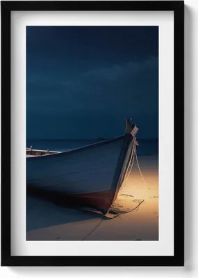 Produktbild von Ein Boot am Ufer des nächtlichen Strandes– Wandbild mit Rahmen – Gerahmtes Bild  – Wanddekoration – 40x60 cm –  Schwarz