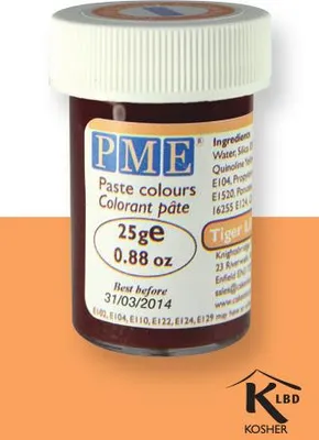 Obrázek produktu pro PME Paste Colour Tiger Lily Orange, pasta (látka), oranžová, umělé potravinářské barvivo, cukrová pasta, 25 g, plastová nádobka