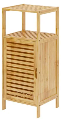 Image de Armoire de salle de bain en bambou avec porte à lamelles et étagère ouverte, dimensions : 36 x 32,5 x 85 cm