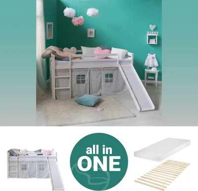 Produktbild von Homestyle4u Kinder Hochbett 90x200 weiss mit Matratze Lattenrost Rutsche