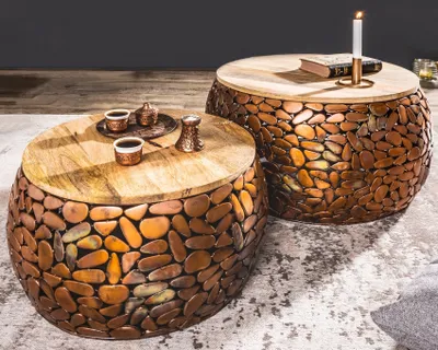 Produktbild von cagü: 2er Set Couchtische [RAVENNA] Kupfer aus Mangoholz mit Metallplättchen im Mosaik-Design handgefertigt 65cm/55cm Ø Rund