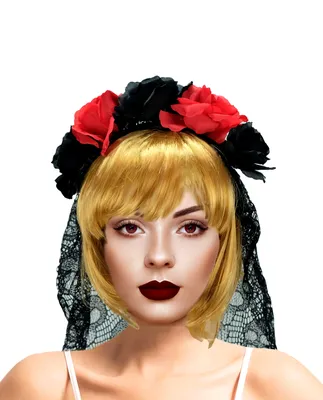 Produktbild von Haarreifen mit Schleier Spitze und Rosen Karneval Halloween Schwarz Rot Rosen