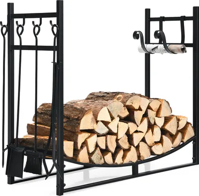 Produktbild von COSTWAY Stojan na palivové drevo s krbovou súpravou 4 ks, kovový stojan na palivové drevo, krbové príslušenstvo, stojan na palivové drevo, krbová súprava čierna (90 x 33 x 76 cm)