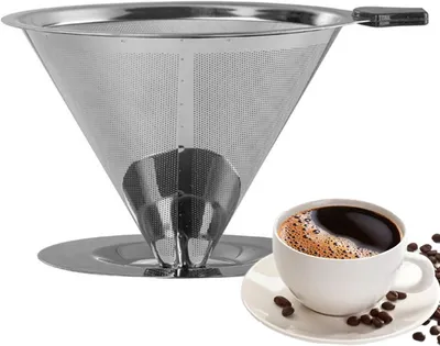 Produktbild von Edelstahl-Kaffeetropfer zum Übergießen, papierloser wiederverwendbarer Kaffeefilterbecher mit Metallkegelfilter