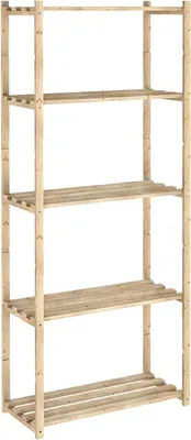 A five-tier wooden shelving unit against a white background.