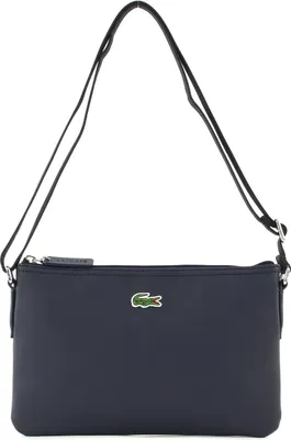 A dark blue Lacoste satchel bag is shown against a white background.