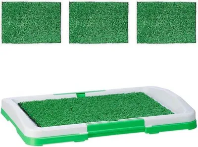 Immagine prodotto di Lettiera per cani in erba sintetica - Vaschetta in plastica con erba sintetica per cani - Tappetini in erba sintetica rimovibili - Lettiera per cani da interno e per balcone - Bianco/Verde - 33 cm x 46 cm x 6 cm