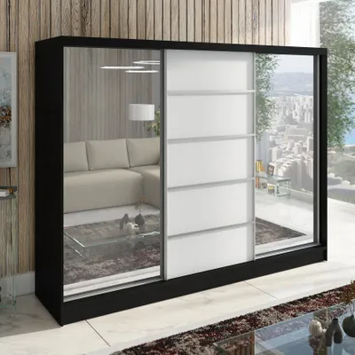 Produktbild von Schwebetürenschrank TOP, 3-türig Schrank 200 cm Kleiderschrank mit Schubladen, und Spiegel