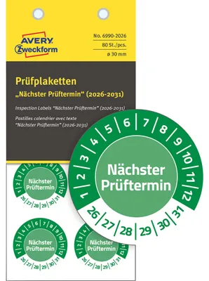 Produktbild von Avery Zweckform 6990-2026, Prüfplaketten, ? 30 mm, 10 Bögen, grün