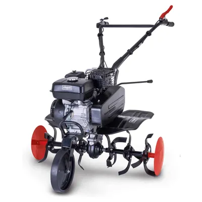 A black and red rototiller is shown against a white background.